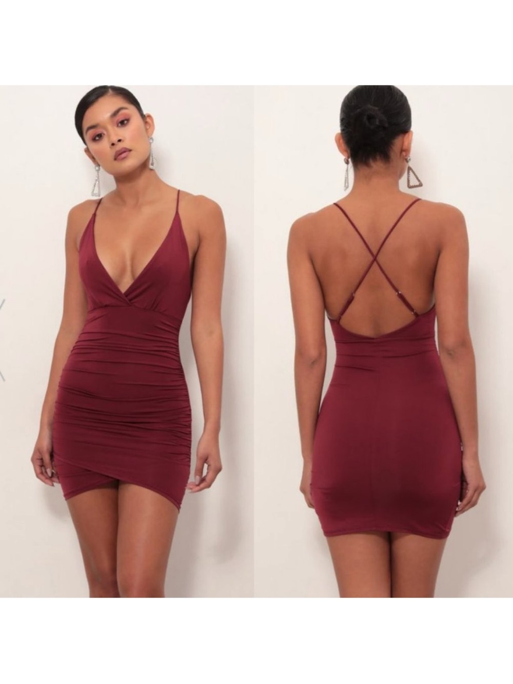 LUCY IN THE SKY | Ruched Cross-Back Dress In Burgundy | SIZE: M